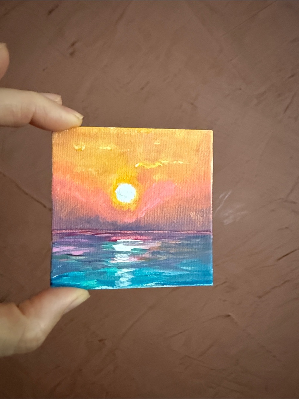 Hand-Painted Sunset Seascape Mini Canvas - 3”x3”, fridge magnet